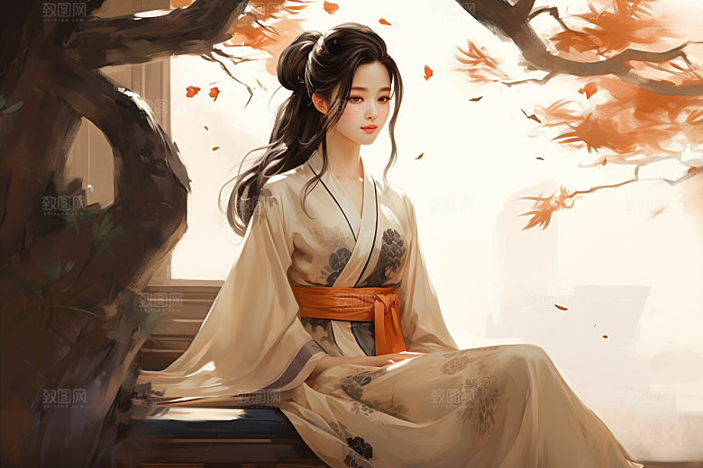 新中式美女艺术手绘插画
