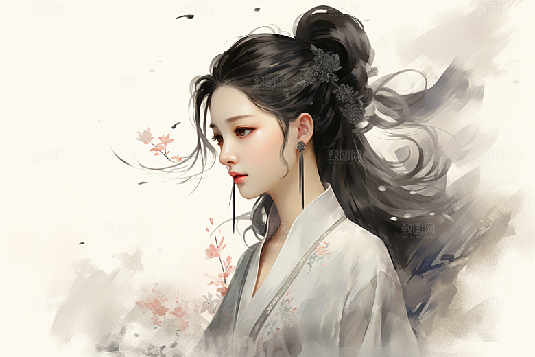 新中式美女水墨高清插画
