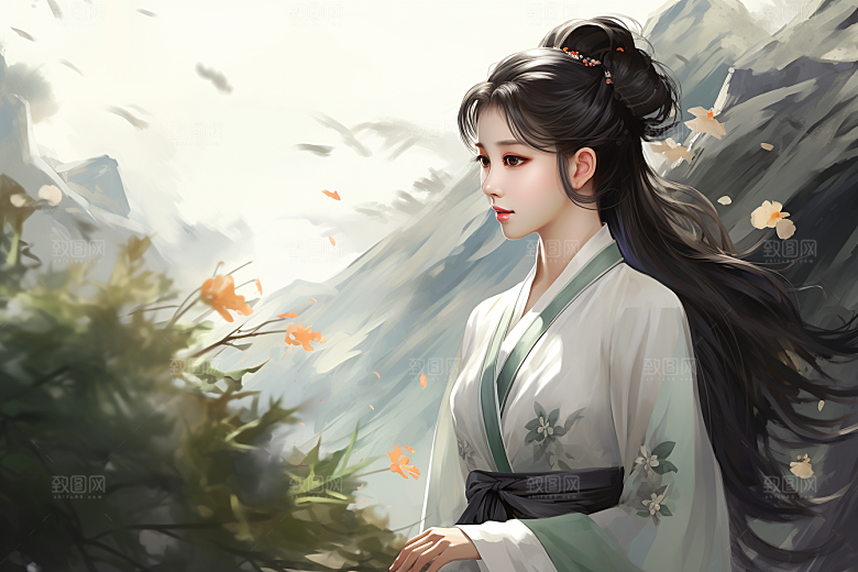 新中式美女水墨中国风插画