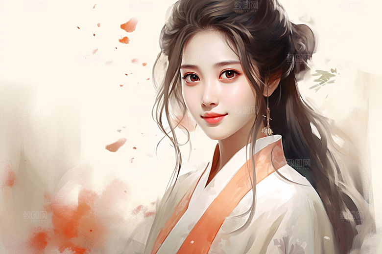 新中式美女温婉水墨插画