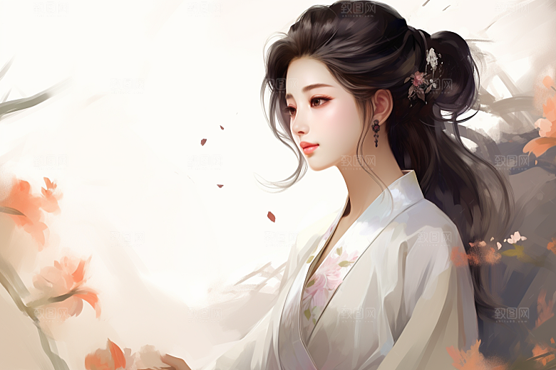 新中式美女艺术手绘插画
