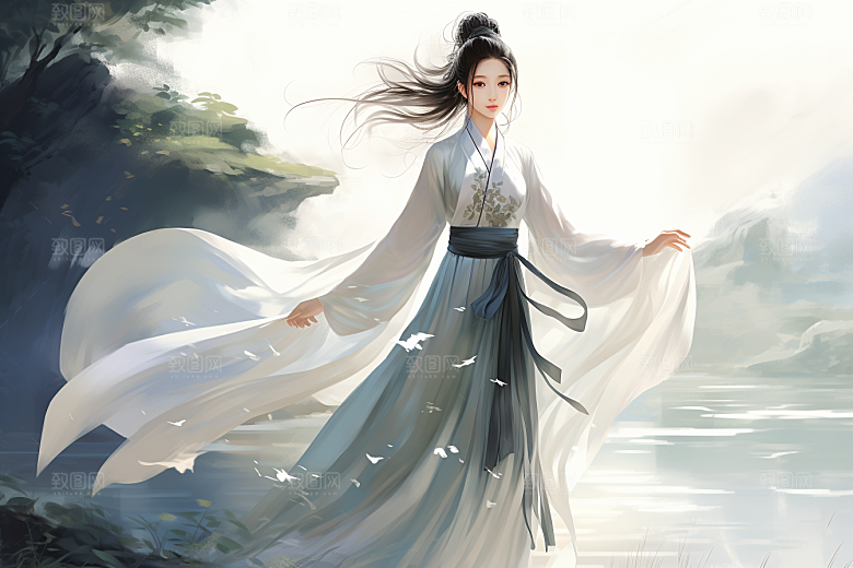 新中式美女唯美水墨插画