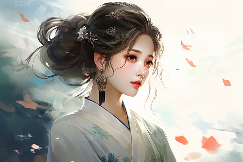 新中式美女水墨唯美插画