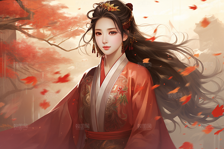 新中式美女手绘水墨插画