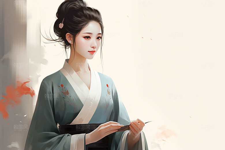 新中式美女水墨唯美插画