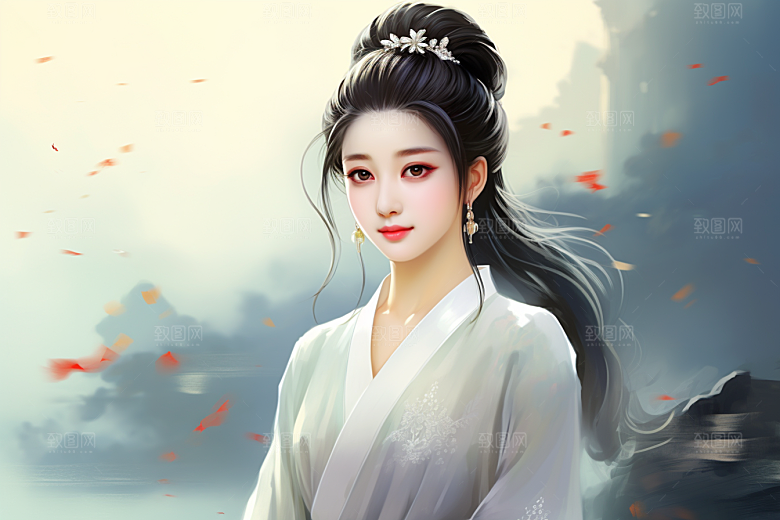 新中式美女中国风水墨插画
