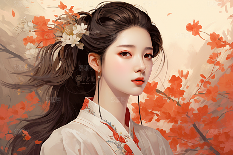 新中式美女手绘唯美插画