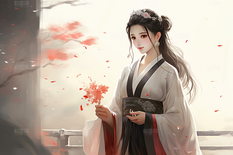 新中式美女艺术手绘插画