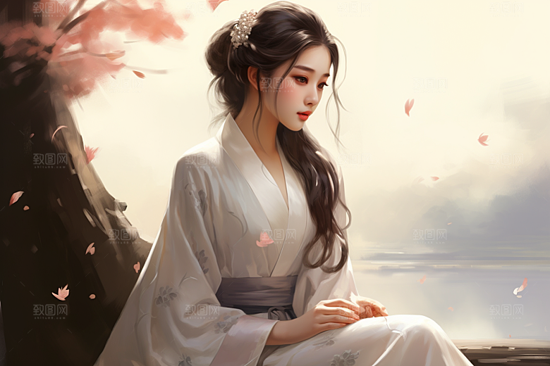 新中式美女艺术文艺插画