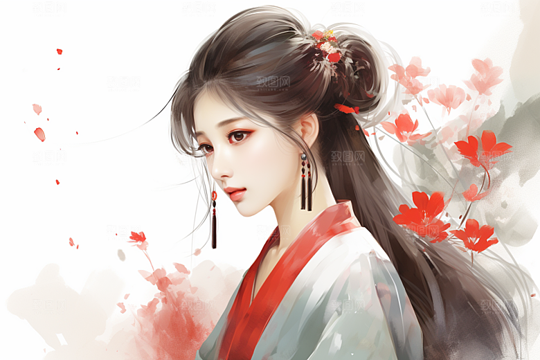 新中式美女手绘温婉插画
