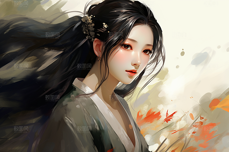 新中式美女水墨高清插画