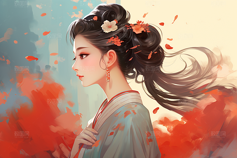新中式美女艺术水墨插画
