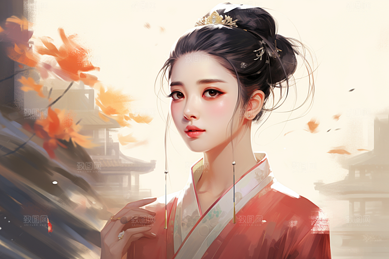 新中式美女水墨唯美插画