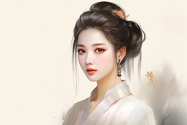 新中式美女手绘水墨插画