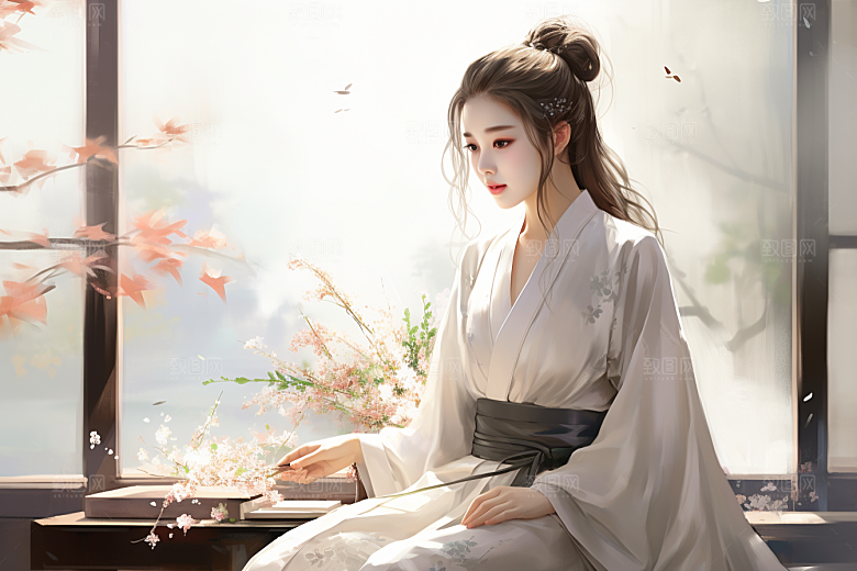 新中式美女唯美水墨插画