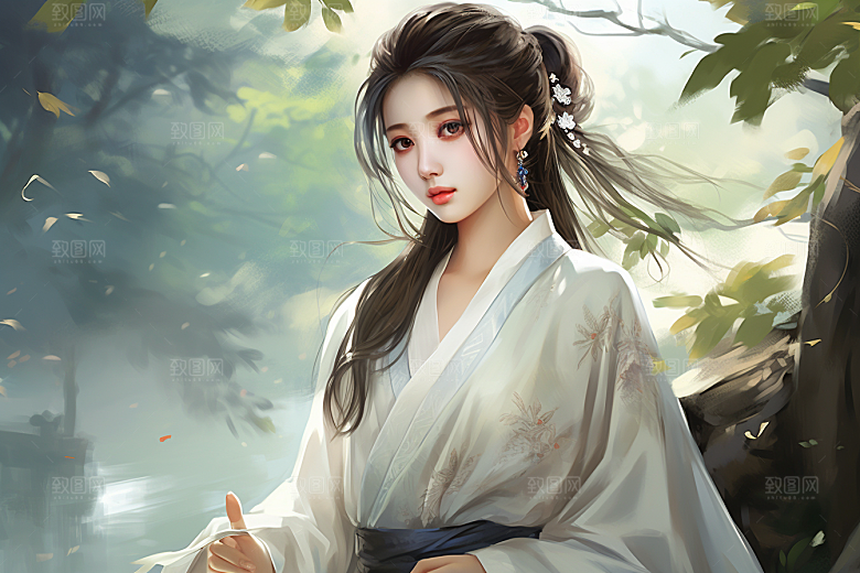 新中式美女唯美手绘插画