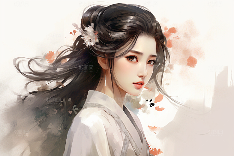 新中式美女水墨文艺插画