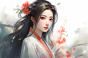 新中式美女水墨高清插画