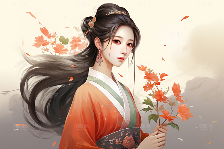 新中式美女艺术水墨插画