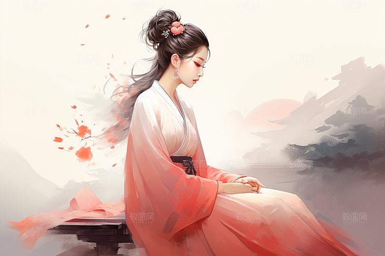 新中式美女高清艺术插画