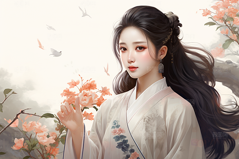 新中式美女手绘中国风插画