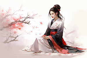 新中式美女温婉手绘插画
