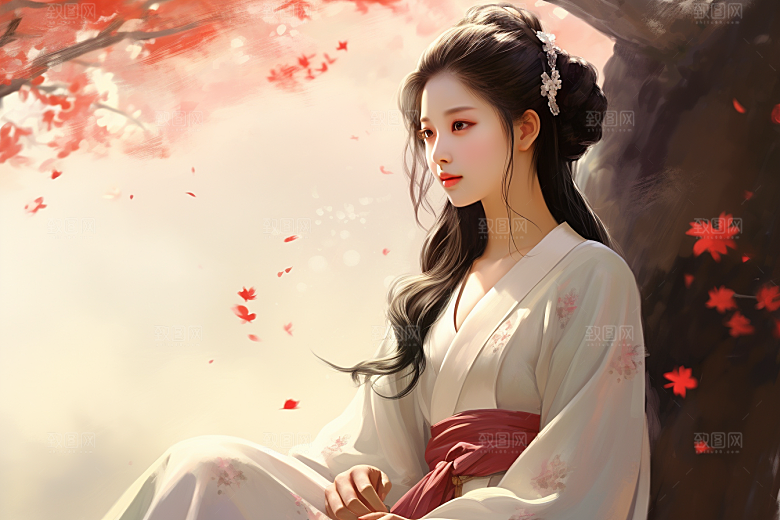 新中式美女艺术水墨插画