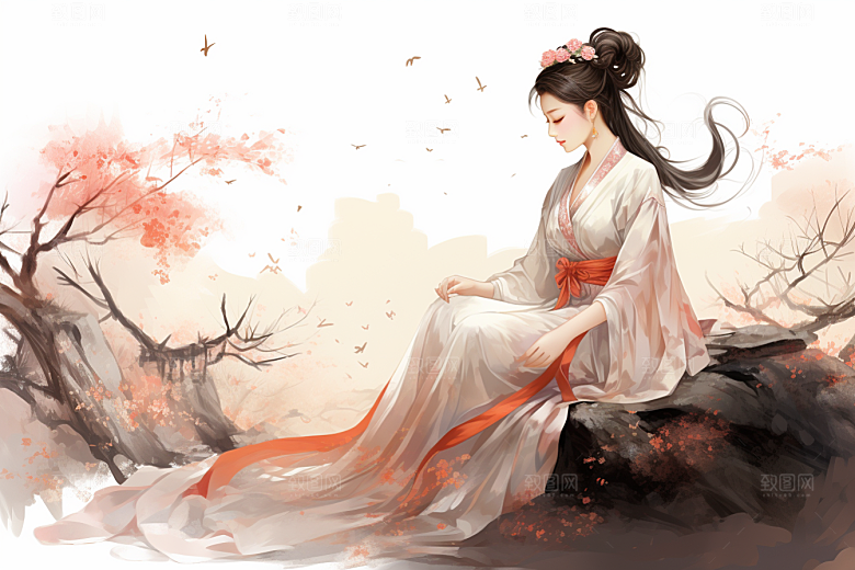 新中式美女水墨温婉插画