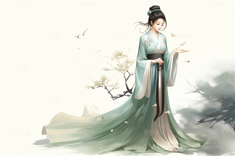 新中式美女中国风温婉插画