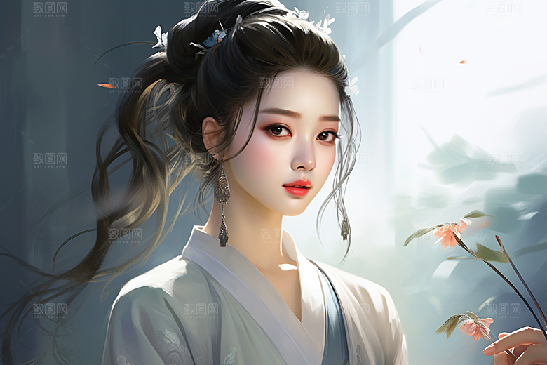 新中式美女水墨温婉插画