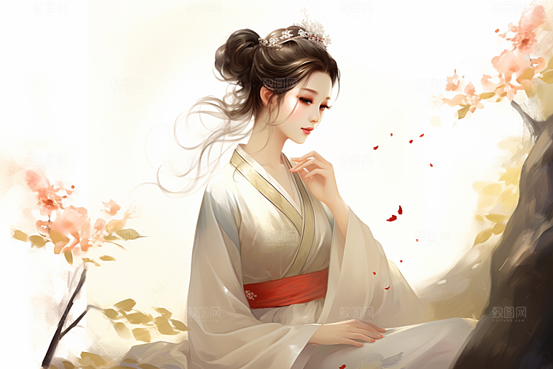 新中式美女温婉手绘插画