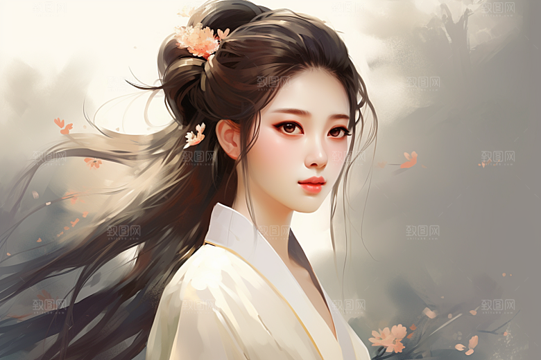 新中式美女文艺手绘插画