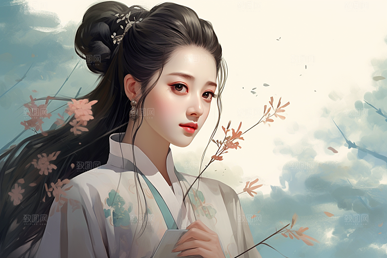 新中式美女水墨中国风插画