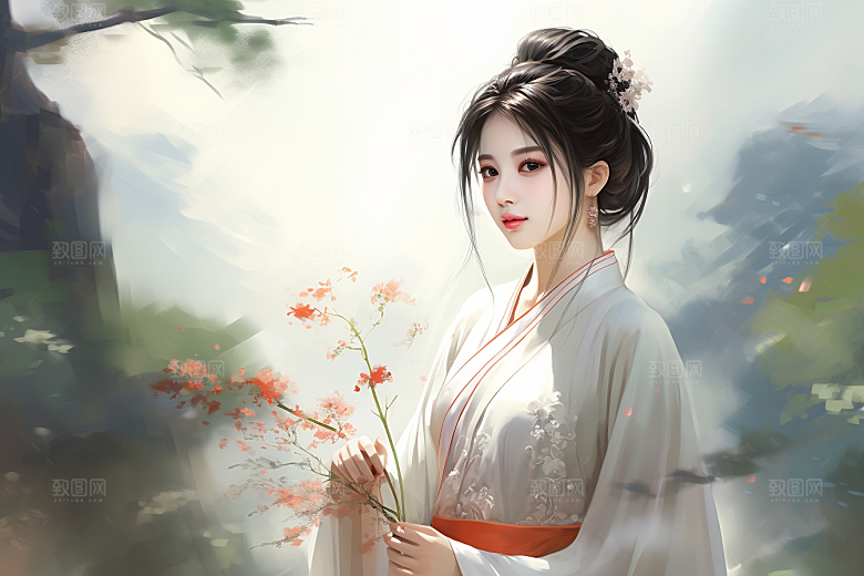 新中式美女温婉艺术插画