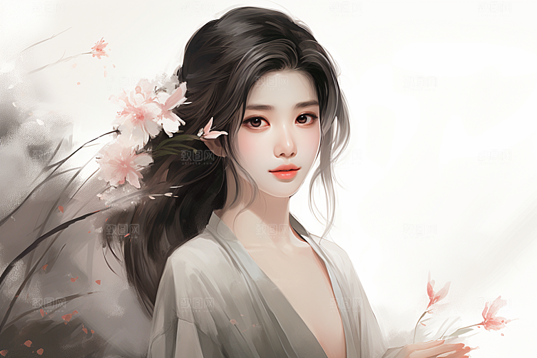 新中式美女水墨艺术插画