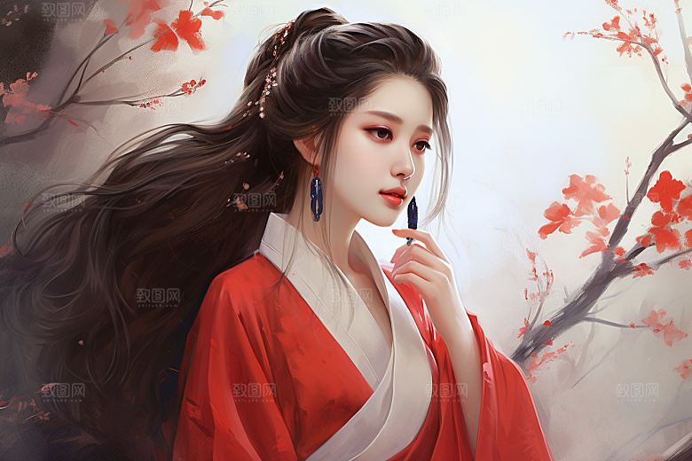 新中式美女艺术手绘插画