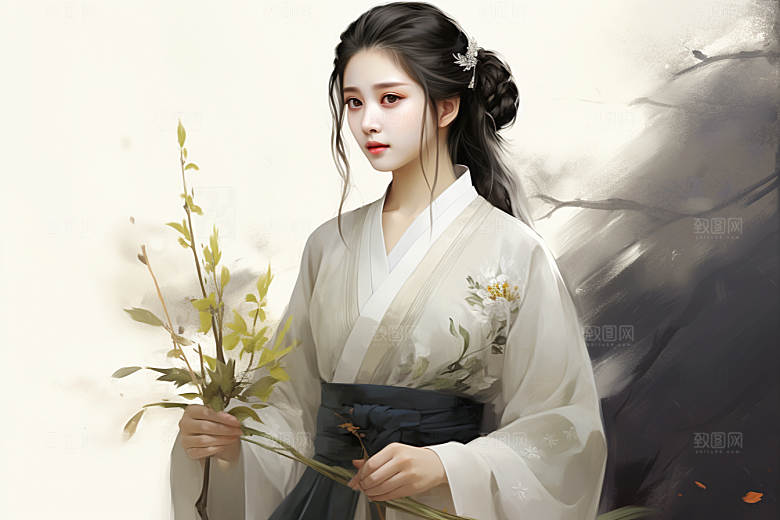新中式美女唯美手绘插画