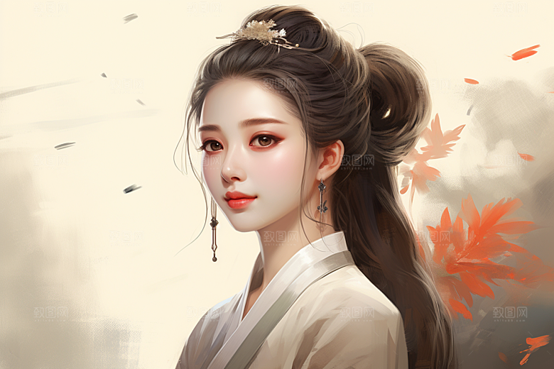 新中式美女手绘水墨插画