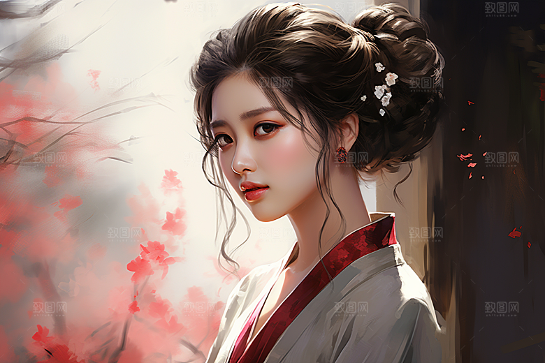 新中式美女温婉手绘插画