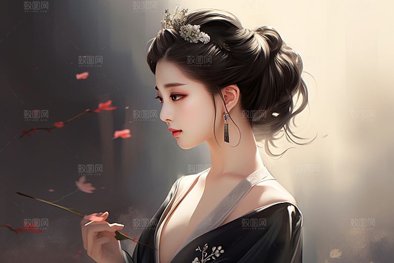 新中式美女中国风文艺插画