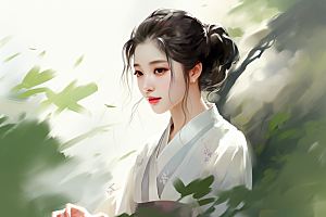 新中式美女中国风文艺插画