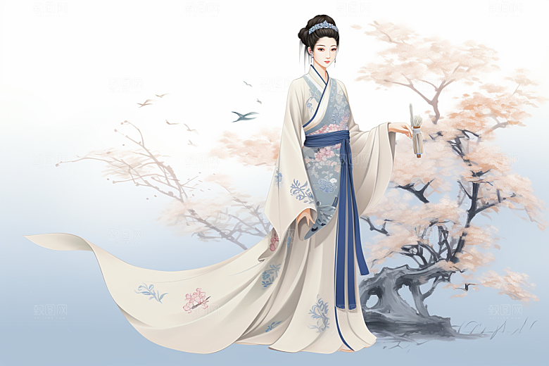 新中式美女手绘高清插画