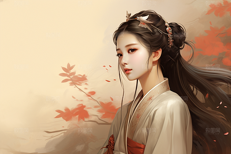 新中式美女唯美文艺插画