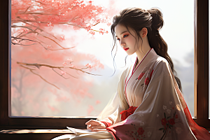 新中式美女水墨温婉插画
