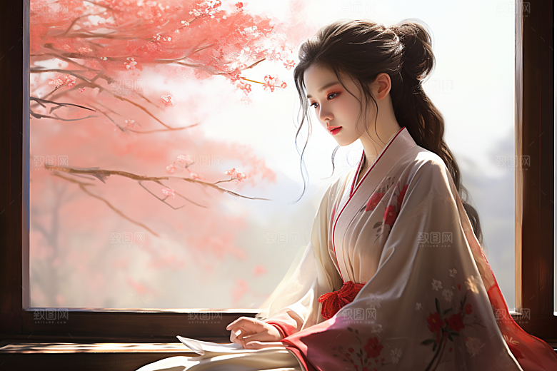 新中式美女水墨温婉插画