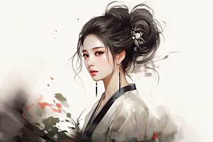 新中式美女手绘水墨插画