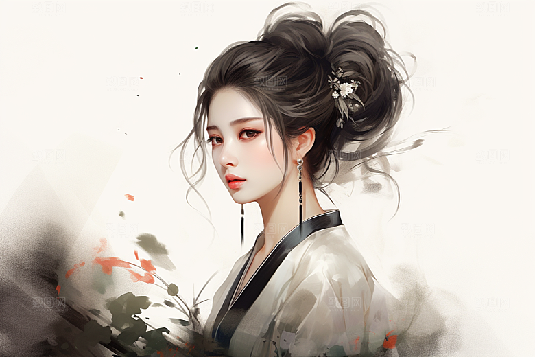 新中式美女手绘水墨插画