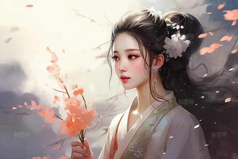 新中式美女手绘水墨插画