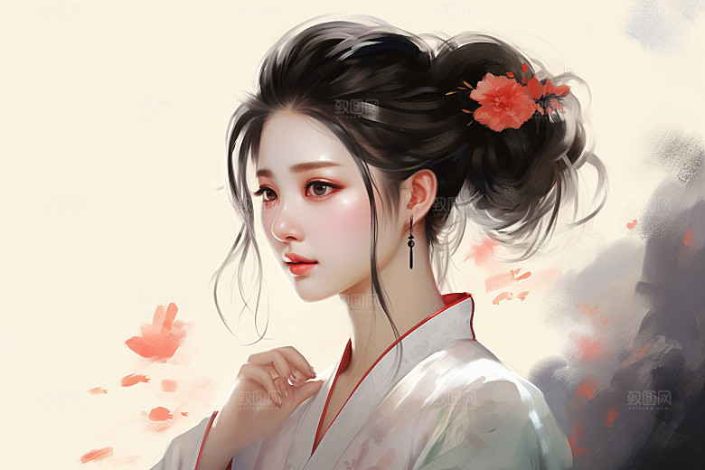 新中式美女中国风水墨插画