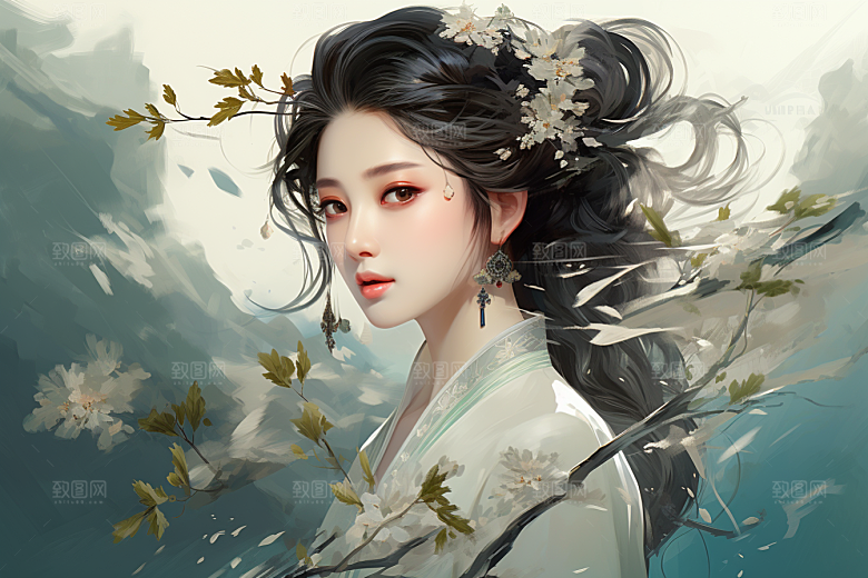 新中式美女温婉手绘插画
